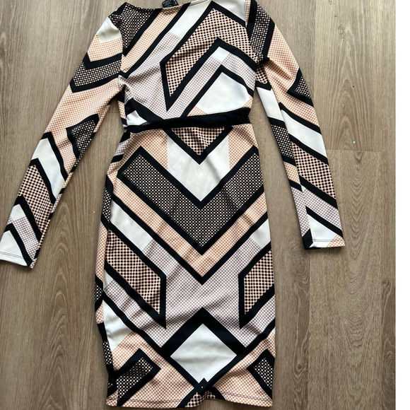 Fire Los Angeles Small Black/Tan/White Abstract A-Line Midi Long Sleeve Dress - Picture 6 of 10